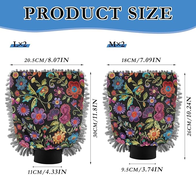 YETTASBIN Mexican Floral 2PCS Car Wash Mitts, Ultra Absorbent Chenille Microfiber Car Washing Gloves, Scratch-Free Lint-Free Auto Cleaning Mitt, Machine Washable Elastic Cuff Car Wash Sponge