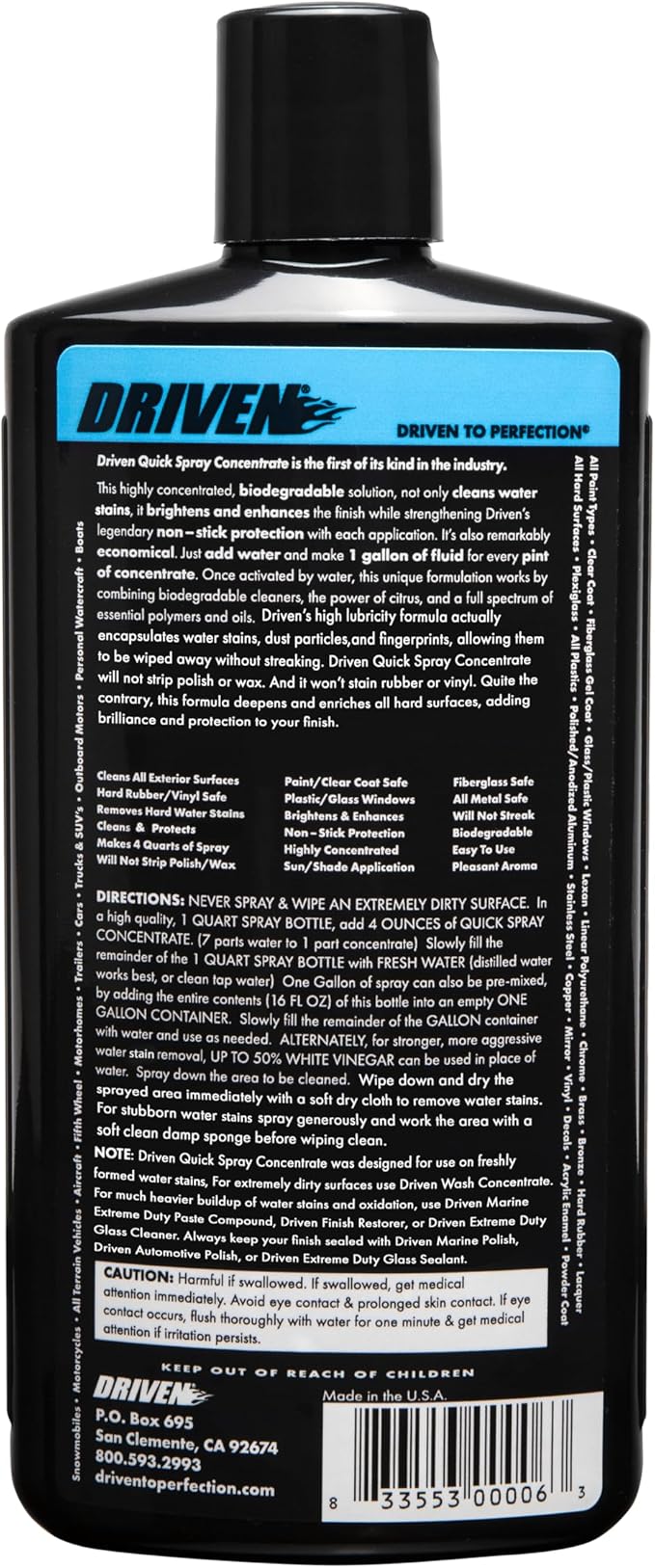 DRIVEN Quick Spray Concentrate, Cleaner, Spray Detailer, Boats, Cars, RVs, Motorcycles, Brightens & Enhances Surface with Non-Stick Protection, Fiberglass, Paint, Metal, Glass, Plastic