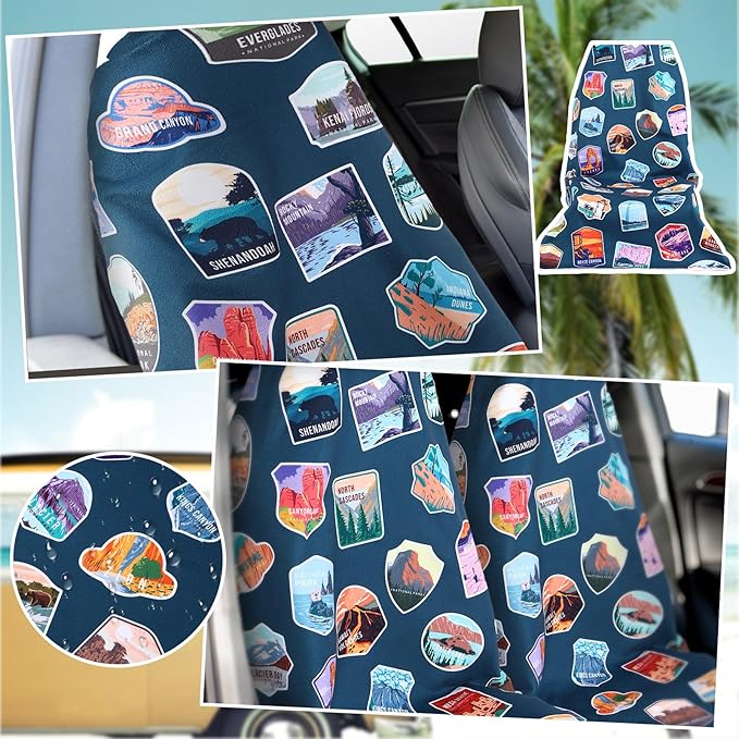 Hahafelt 2 Pack Car Seat Towel Covers Athletic Running Towel Performance Microfiber Post Workout Sweat Washable Cover Non Slip for Seat Outdoor Sport (National Park)