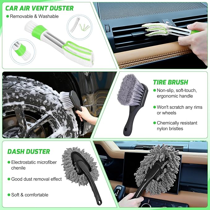 Nilight 27PCS Car Detailing Kit Auto Cleaning Tools Wash Set with Storage Carry Bag Home Use for Interior Exterior Deep Clean Polish Car Care Windshield Dashboard Seat Air Vents Wheels Tires, Green