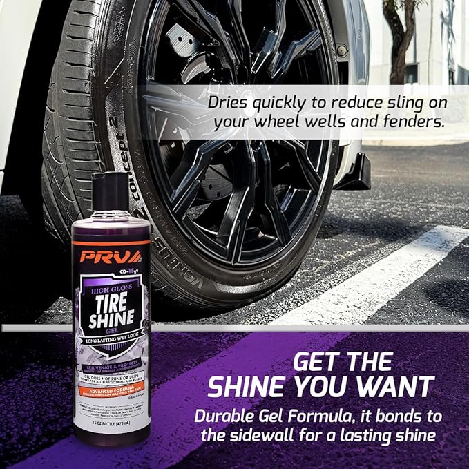 PRV AUDIO Wet Look Gel Tire Shine Dressing | High Gloss Tire, Trim, Plastic & Rubber – Restores Deep Black Shine and Protection | No Sling & Dries Quickly 16 fl oz Kit with Applicator - Grape Scent