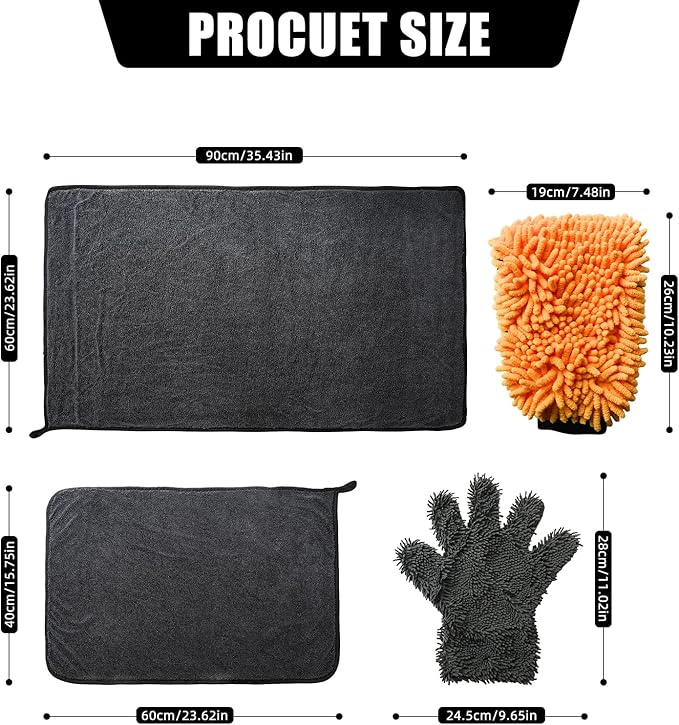 1300GSM Microfiber Car Cleaning Kit 4 Pack, 2 Chenille Wash Mitts & 2 Drying Towels (90cm×60cm & 60cm×40cm), Scratch-Free Lint-Free for Car RV Truck