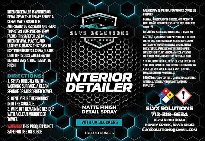 Interior Detailer – Clean, Protect & Restore | Matte Finish Spray for Dashboard, Vinyl, Plastic & Leather | Anti-Static, UV-Resistant, Non-Greasy Formula | 16 oz