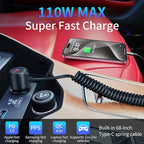 110W Retractable Car Charger, 3‑Port Cigarette Lighter Adapter, 5.7 ft Retractable USB‑C Cable, Car Charger USB C Fast Charge for iPhone 17/16/15 Series, Galaxy S25/S24 and More