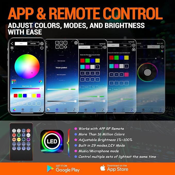 Interior Car LED Strip Lights, RGB 10-in-1 16 Million Colors Ambient Lighting Kit with 470 inches Fiber Optic Wireless APP & Remote Control Music Sync