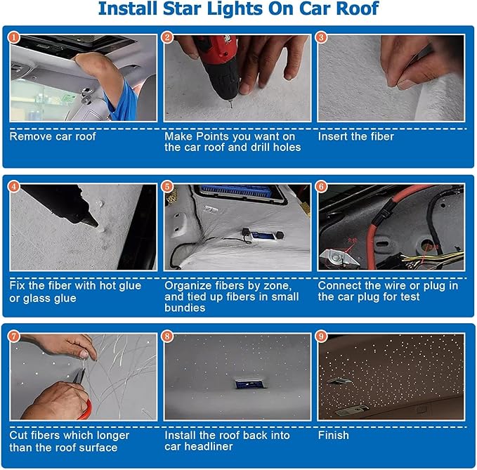 AMKI High Brightness 32W Twinkle 1000pcs Fiber Optic Starlight Headliner Kit 0.03in 16.4ft Fiber Strands RGBW Sound Activated APP Remote Control for Car Home Roof Ceiling Decoration