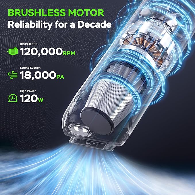 Portable Car Vacuum Cordless, 18000Pa 4-in-1 Suction Power Mini Vacuum Cleaner, 120W Brushless Motor Handheld Vacuum Cordless Rechargeable, 7800mAh Battery, LED Light, Black