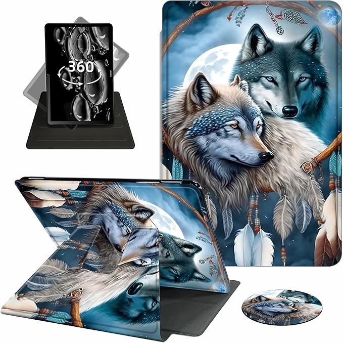 Case for 6" Kindle (11th Generation-2024/2022 Release),360 Degree Rotating Swivel PU Leather Stand Flip Folio Cover with Auto Wake/Sleep for Kindle 11th Generation 2024,Dream Catcher Wolf