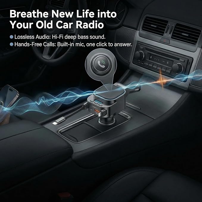 Retractable Car Charger, 96W FM Transmitter, 4-in-1 Fast Charging USB C Bluetooth 5.3 Car Adapter, Wireless Radio Receiver