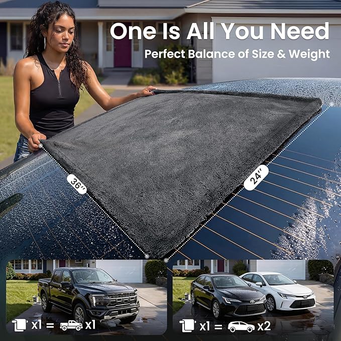 REEVAA Superior Microfiber Car Drying Towel [3s Drying, Pro-Grade Care] Car Cleaning Cloth Accessories for Sedan, SUV, Truck, 1300GSM, 2-Pack (36"×24"+16"×16"), Gray