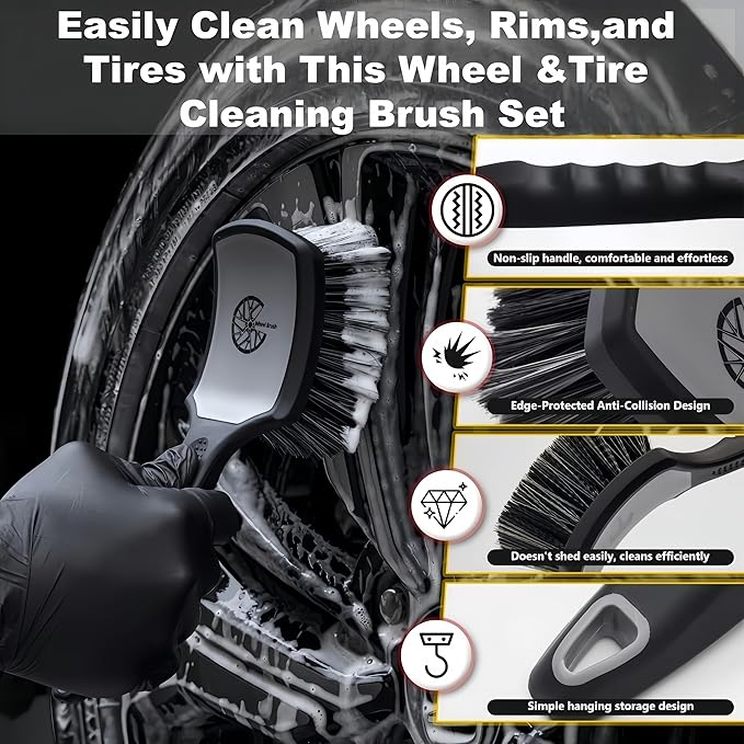 Car Wheel & Tire Brush Set, 2Pack Tire Brush and Wheel Rim Brush, Soft & Stiff Bristle Wheel Cleaner Brushes, Scratch-Free Car Wheel Brush Kit for Cleaning Wheels, Tires, Cars, Trucks