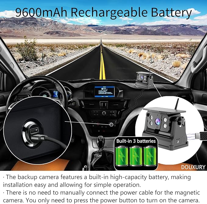 Wireless Backup Camera Solar Magnetic for RV Car Trailer Truck Camper 5th Wheels Hitch Towing No Wiring No Drilling Rechargeable Night Vision Portable Backup Camera with 5" 1080P HD 2-Split Monitor