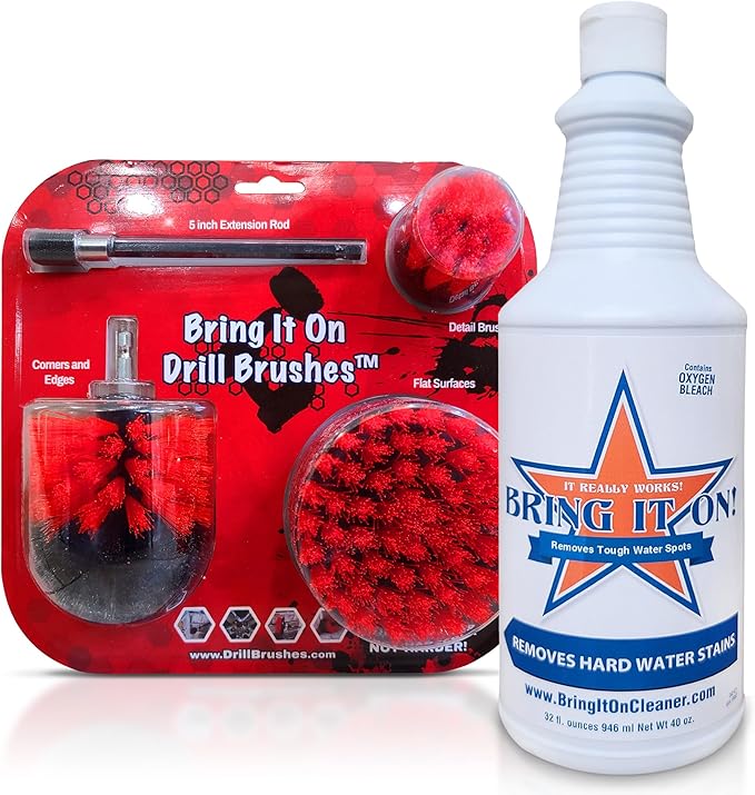 Bring It On Cleaner Drill Brush Attachment Set Three Brushes| Power Scrubber Brush Cleaning Kit | Plus 6 Inch Extension, Use On Grout, Cars, Bathroom Surfaces, Tile, Baseboard, Shower and Tubs