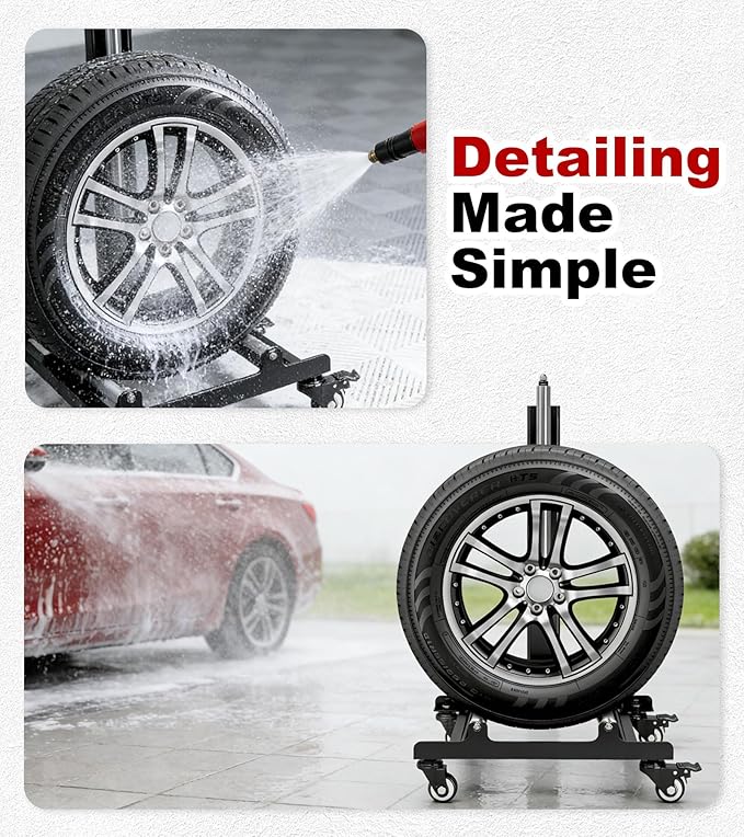 360° Rolling Wheel Detailing Stand with Wheels, Heavy Duty Steel Wheel Cleaning Stand for Tire, Rim Polishing, Ceramic Coating, Car & Motorcycle Wheel Roller Stand
