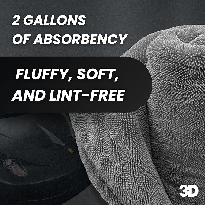 3D Hydro-FIL XL | Professional Grade Microfiber Towel | Extra Large 20” x 31.5” | Highly Absorbent | Premium Drying Cloth for Car Detailing (Grey)