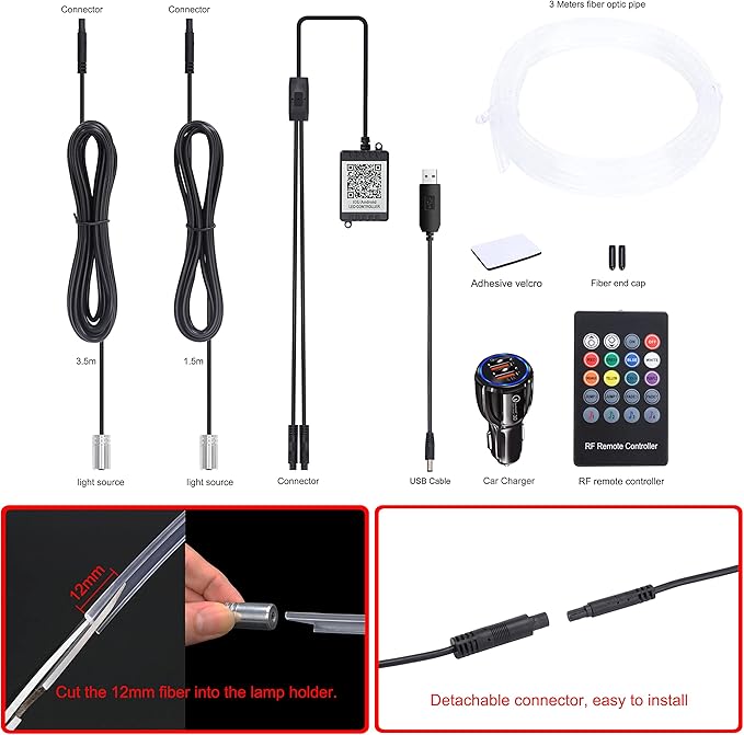Car Interior Ambient Lighting Kit USB Multicolor RGB 3m Optic Fiber 64 Colors Sound Music Sync Wireless RF Remote Controller + Bluetooth APP Control Car Atmosphere Light with car Charger 12V