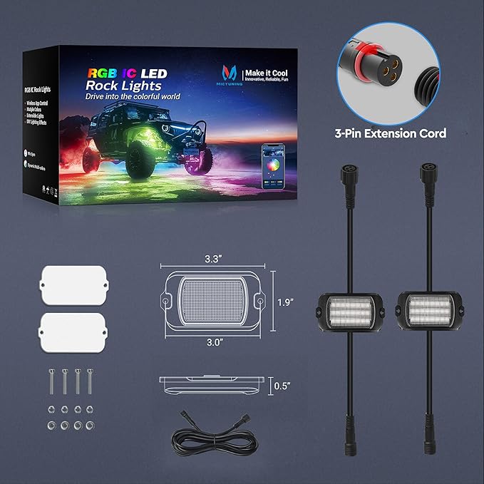 MICTUNING 2026 1000% Bright Q1 MAX RGB+IC LED Rock Lights, 48 LEDs 2 Pods Chasing Dreamcolor Extensible Underglow Multicolor Neon Light Underbody Lighting Kit for Truck ATV UTV Boat (No Controller)