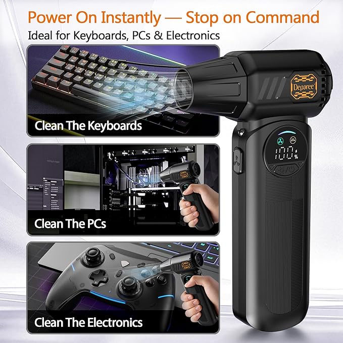 Compressed Air Duster, Super Power Turbo Air Blower with Vacuum Function, Cordless 2-in-1 Cleaning Tool, 8000mAh Battery, LED Light for PC Keyboard Car Cleaning (Black)
