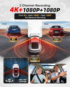 3 Channel Dash Cam, 4K Dash Cam Front and Rear, Dash Camera for Cars STARVIS 2 Sensor Car Dash Cam with HDR Night Vision, 24H Parking Mode Dashcam Built-in 5.8GHz WiFi GPS Loop Recording