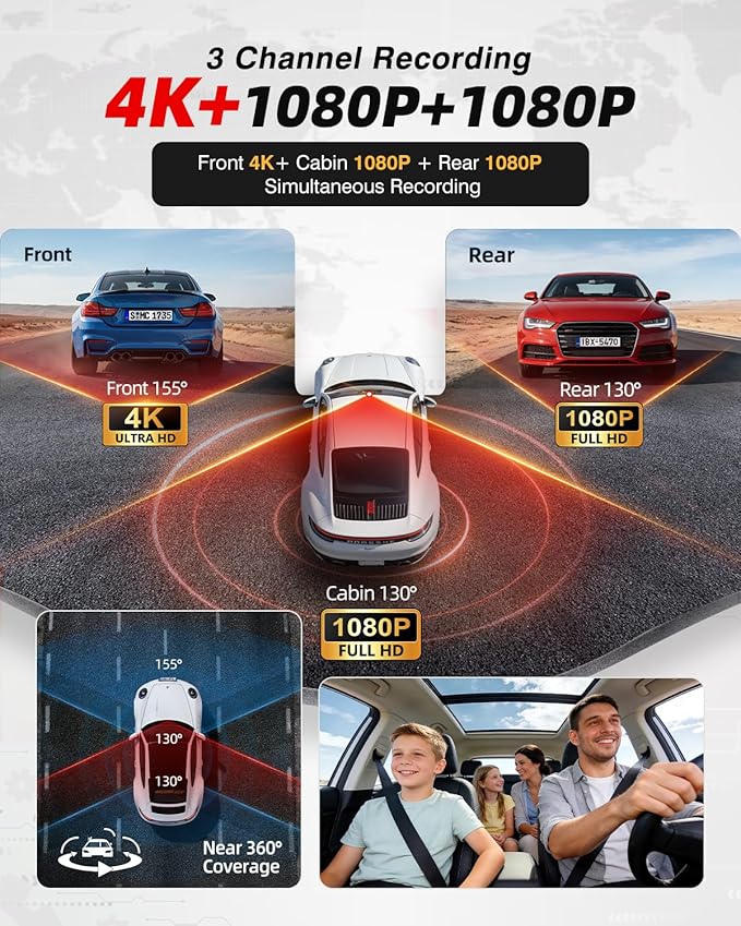 3 Channel Dash Cam, 4K Dash Cam Front and Rear, Dash Camera for Cars STARVIS 2 Sensor Car Dash Cam with HDR Night Vision, 24H Parking Mode Dashcam Built-in 5.8GHz WiFi GPS Loop Recording