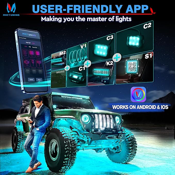 MICTUNING C2 Curved RGBW LED Rock Lights - 16 Pods Underglow Multicolor Neon Light with Wiring Switch Kit, Bluetooth Controller with APP Control