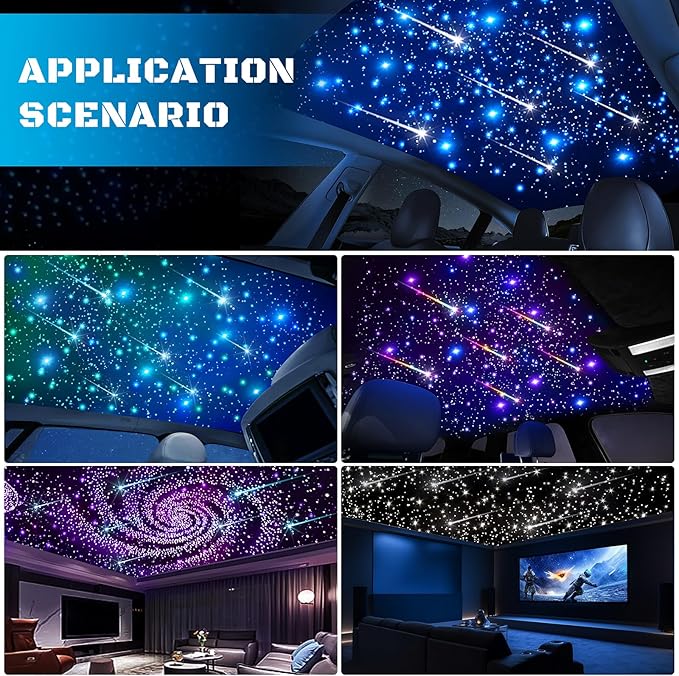 Car Starlight Headliner Kit, 4 Colors 32W Twinkle & Meteor Star Ceiling Lights, 2 in 1 Fiber Optic Light 4 Port Engine 700pcs*0.03in*13.1ft+240 RGBW Shooting Stars Lights for Car Home Roof Décor