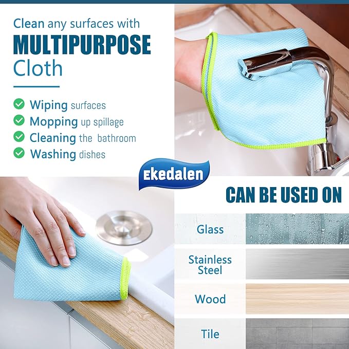 Microfiber Cleaning Cloth Lint Free Glass Cleaner Window Polishing Streak Free Miracle Easy Clean Rag Reusable for Mirror Kitchen Dish Auto Detailing,Pack of 8, 12'' x 16'', Light Blue
