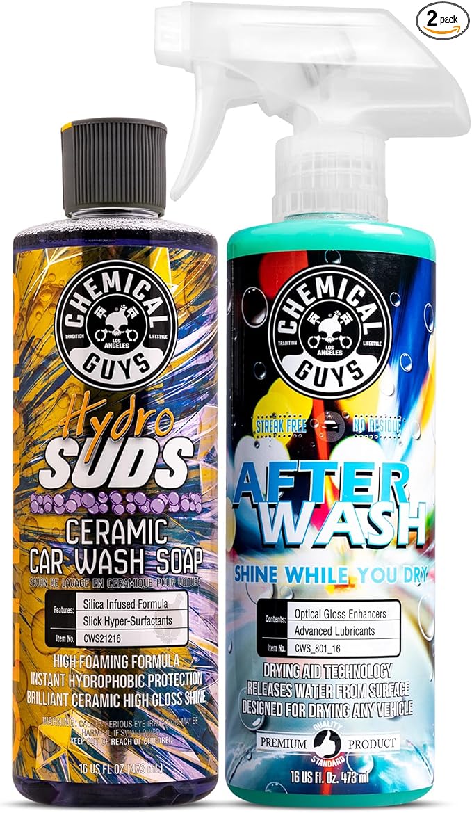Chemical Guys CWS21216A Car Wash, Dry & Shine Bundle - HydroSuds Ceramic SiO2 Shine High Foaming Car Wash Soap, 16 oz + After Wash Gloss Boosting Drying Aid (16 oz) (2 Items) For Cars, Trucks, SUVs