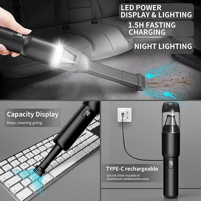 Handheld Car Vacuum Cleaner, Cordless Portable 20KPA Powerful Suction With LED Light, 2-in-1 Air Inflator, Low Noise Rechargeable Mini for Car Home Pet Office