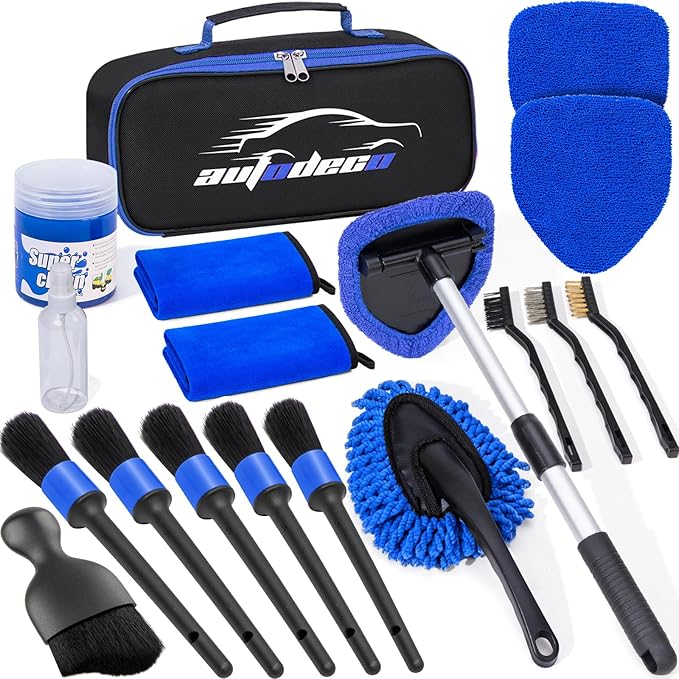 AUTODECO Windshield Cleaner Tool, 17Pcs Car Interior Detailing Kit, Detailing Brush, Towels, Duster, Car Cleaning Kit Interior for RVs, Truck, Trailer (Blue)