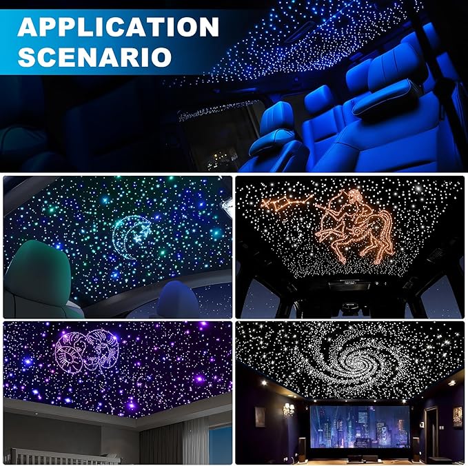 4 Colors 32W Twinkle Car Starlight Headliner Kit 600pcs*0.03in*13.1ft with APP&RF Remote, RGBW Fiber Optic Ceiling Star Lights, 4 Port Engine Sound Activated Star Roof Lights for Car Home Theater