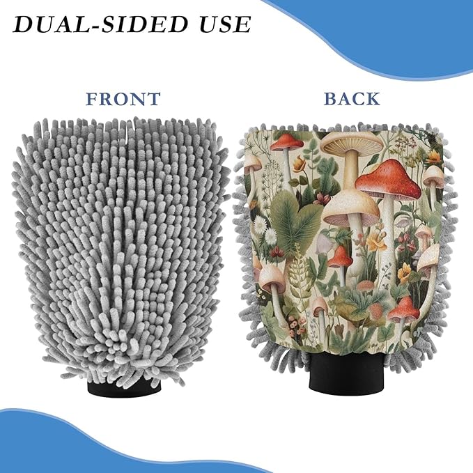 YETTASBIN Mushroom 2PCS Car Wash Mitts, Ultra Absorbent Chenille Microfiber Car Washing Gloves, Scratch-Free Lint-Free Auto Cleaning Mitt, Machine Washable Elastic Cuff Car Wash Sponge
