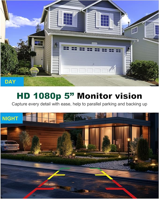 Solar Wireless Backup Camera 5'' HD Split-Screen Monitor Reversing Camera Stable Signal Dual Channel Back Up Kit Easy Installation Night Vision Waterproof Reverse Camera for Car RV Van SUV