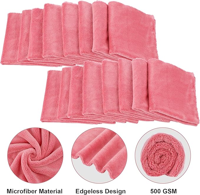 Shimeyao 30 Pcs Edgeless Microfiber Plush Towels for Cars Detailing Drying Wash Polishing Absorbent Cleaning Cloths, 500 GSM (16 x 16 Inch,Vivid Red)
