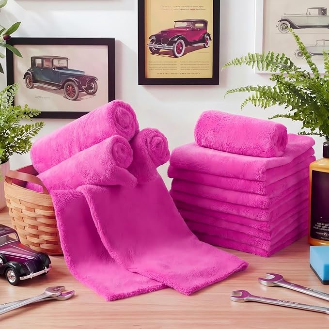 Shimeyao 30 Pcs Edgeless Microfiber Plush Towels for Cars Detailing Drying Wash Polishing Absorbent Cleaning Cloths, 500 GSM (16 x 16 Inch,Fuchsia)