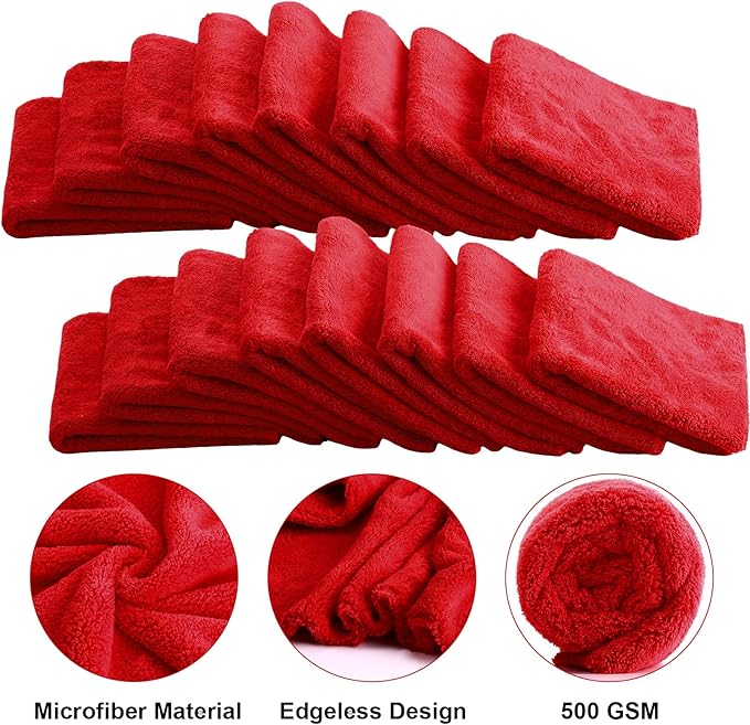Shimeyao 30 Pcs Edgeless Microfiber Plush Towels for Cars Detailing Drying Wash Polishing Absorbent Cleaning Cloths, 500 GSM (16 x 16 Inch,Red)