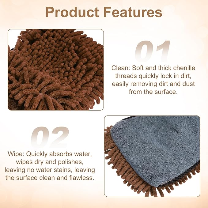 HARFINGTON 2pcs Chenille Microfiber Car Wash Mitts 9.8" x 7.9" Scratch Free Wash Gloves Absorbent Double Sided Plush Cleaning Drying Mitts for Car Washing Home Clean, Brown