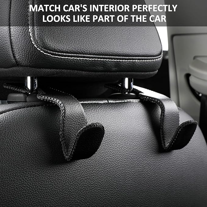 Car Seat Hooks, Cars Backseat Headrest Hangers Genuine Leather Stylish Vehicle Organizer Holders for Purse Clothes Hat Grocery, 2 Pack, Gray