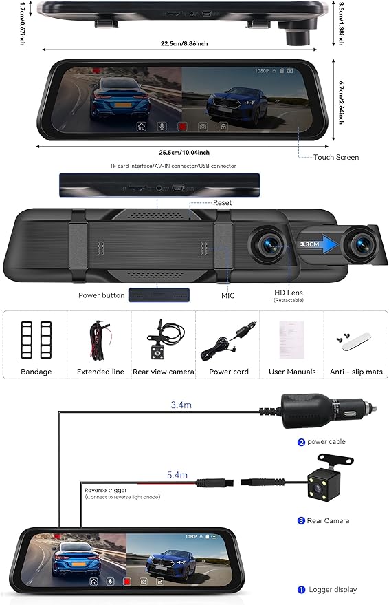 CAMECHO Mirror Dash Cam, 9.66" 1080P FHD IPS Touch Screen Rear View Mirror Camera, Front and Backup Camera for Cars, Dashcam Night Vision, Loop Recording, Wide Angle, Parking Assistance
