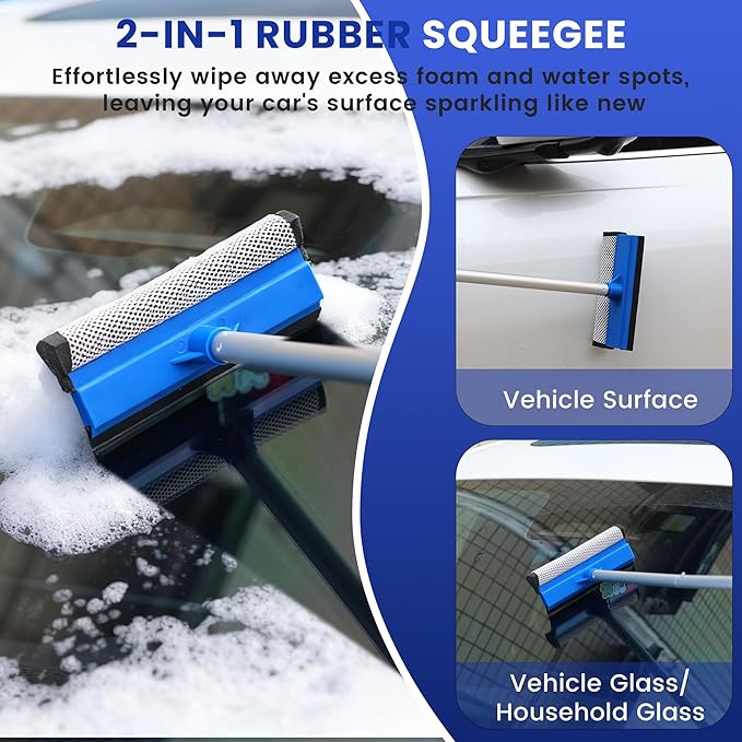 Car Wash Brush with Long Handle, 60'' Car Wash Mop, 7Pcs Chenille Microfiber Cars Washing Kit with Window Squeegee/Microfiber Towels /Wheel Brush for Cars RV Truck Boat Floor Window, Blue