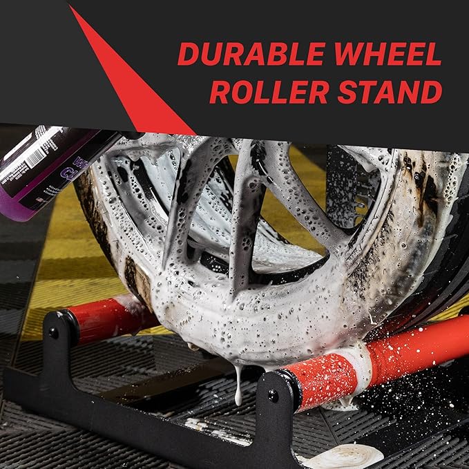 Maxshine Wheel Rim Detailing Rolling Wheel Stand (WS01) - 23”L x 14”W x 36”H, 360° Tire & Rim Detailing, Ceramic Coating, Tire Shine, Wheel Wash & Roller Stand - Black