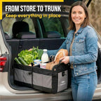 Compact Car Trunk Organizer 2-Section – Grocery, Tools, Cleaning Supplies Storage – Foldable Dual-Compartment Cargo Bin with Cover Net – Gray