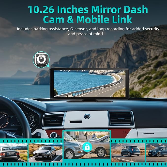 Portable CarPlay Screen for Car 10.26" HD IPS Touchscreen with 4K Dash Cam Front and Rear, 1080P Backup Camera Wireless Carplay & Android Auto Car Audio Receivers