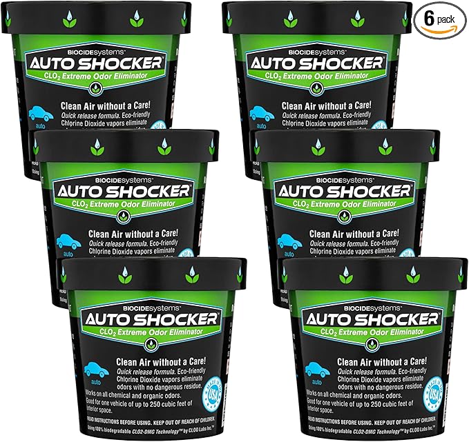Biocide Systems Auto Shocker Strong Car Odor Eliminator, Eco-Friendly ClO2 Odor Remover for Tough Odors in Vehicle Interiors, Up to 250 Cubic Feet (6-Pack)