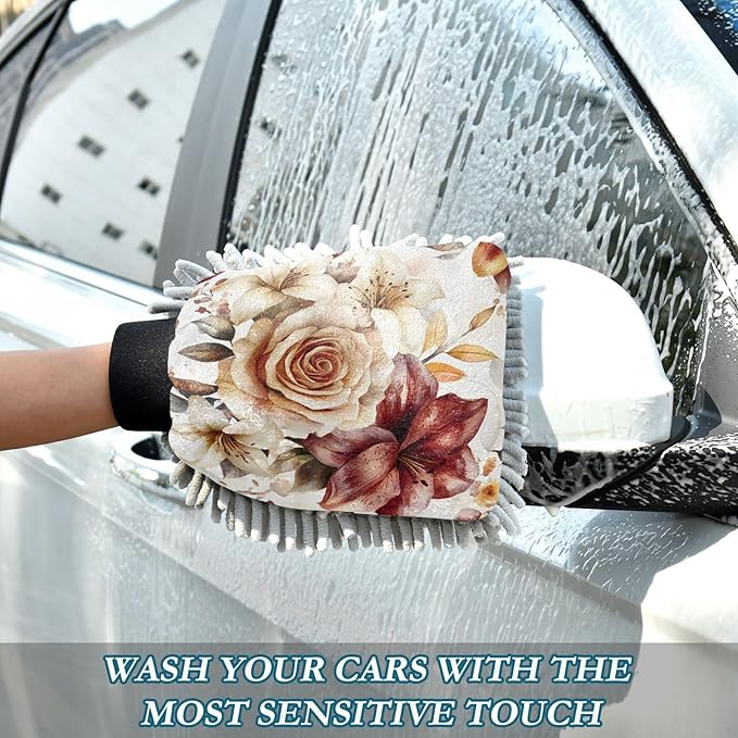 YETTASBIN Watercolor Floral 2PCS Car Wash Mitts, Ultra Absorbent Chenille Microfiber Car Washing Gloves, Scratch-Free Lint-Free Auto Cleaning Mitt, Machine Washable Elastic Cuff Car Wash Sponge