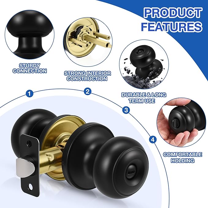 Plustool 10 Pack Matte Black Door knobs, Keyless Interior Door Locks, Round Ball Keyless Doorknobs with Lock Privacy Door Handle for Bedroom Bathroom