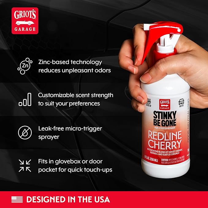 Griot's Garage Stinky-Be-Gone Redline Cherry Air Freshener Spray – Odor Remover for Cars, Trucks, and SUVs on Carpets, Floor Mats, and Under Seats, 8oz