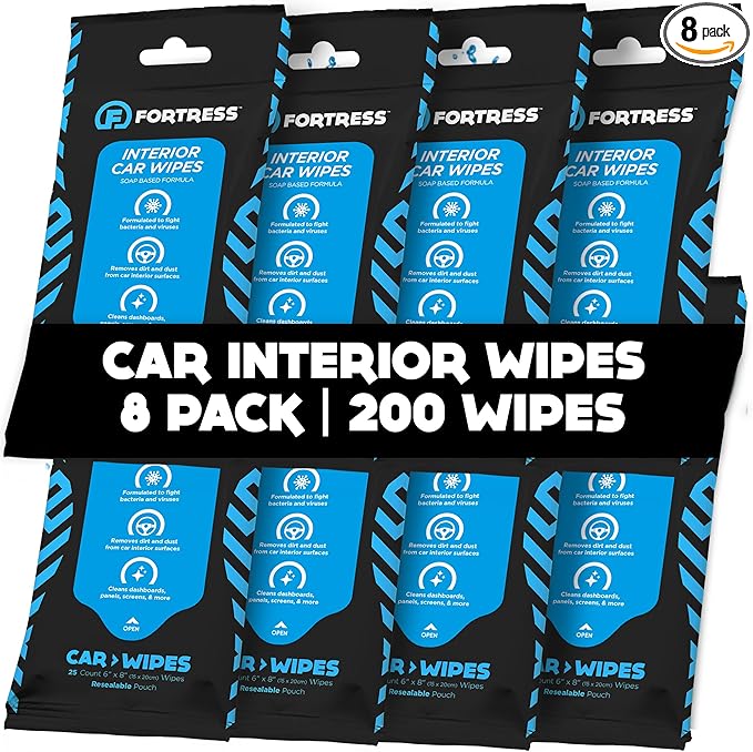 Fortress Car Interior Wipes (25 ct, Pack of 8) for Car Interior Cleaning, Dashboard, Seats, Detailing, and Steering Wheel [Travel Size] Skin-Safe Car Interior Cleaner Supplies