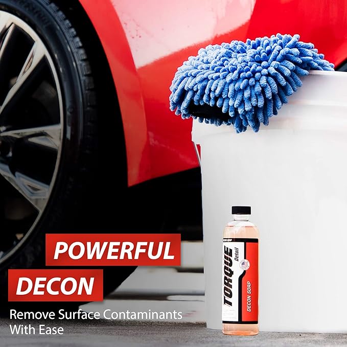 Torque Detail Decon Wash Pack - Decontamination Soap 8oz + Wash Mitt - Surface Strip Wash Car Shampoo - Highly Absorbent Microfiber Chenille Car Wash Mitt Safely Cleans Your Vehicles Entire Surface