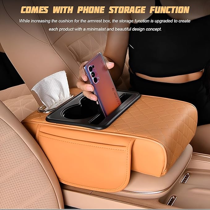 Zpana Car Center Console Armrest Pillow, Memory Foam Leather 4 in 1 Vehicle Arm Rest Cover with Tissue Box 2 Side Storage Bag Cup & Phone Holder, Auto Armrest Cushion, Universal Fit (Orange)